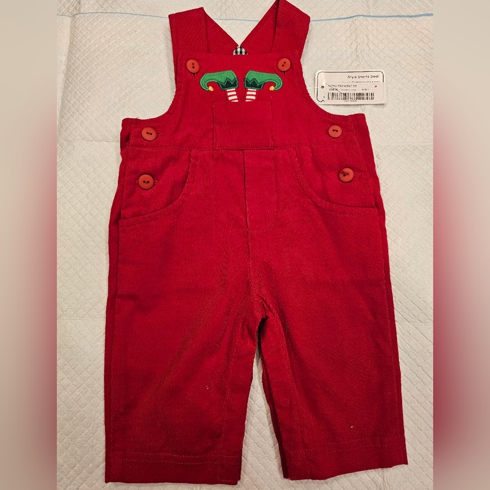 Baby Christmas Red Corduroy Overalls with Grinch pocket detail. Great for photos